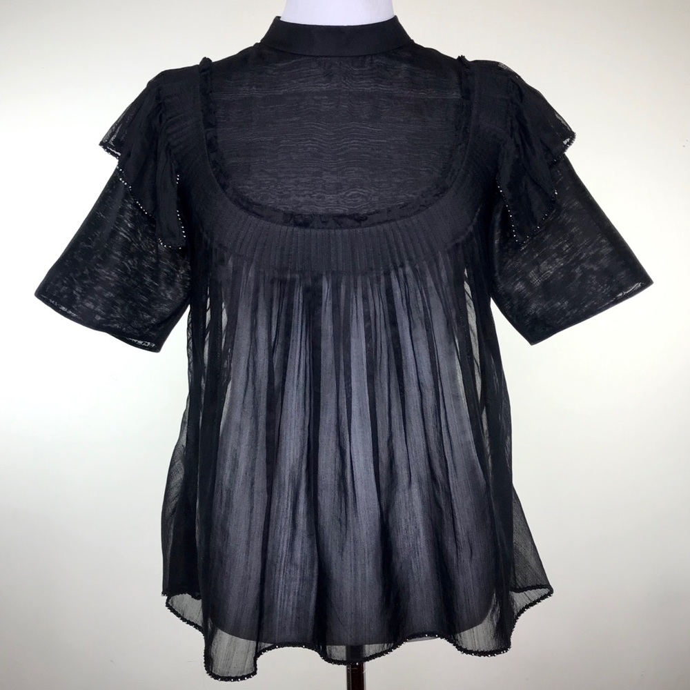 swgt Black Sheer Top Blouse Size S Chanderi Silk Pleats Layer India Designer Y2K - Picture 4 of 8